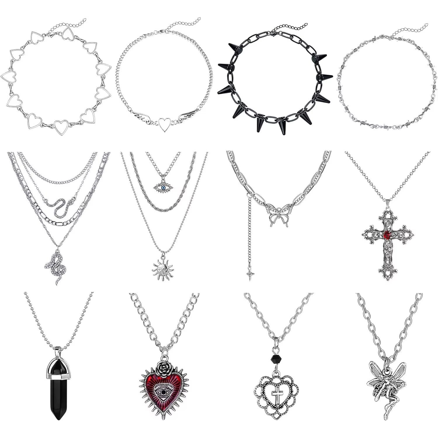 12PCS Gothic Grunge Necklace Set for Women - Cross, Saturn, Thorns, Angel Heart & Wing Chokers for Halloween