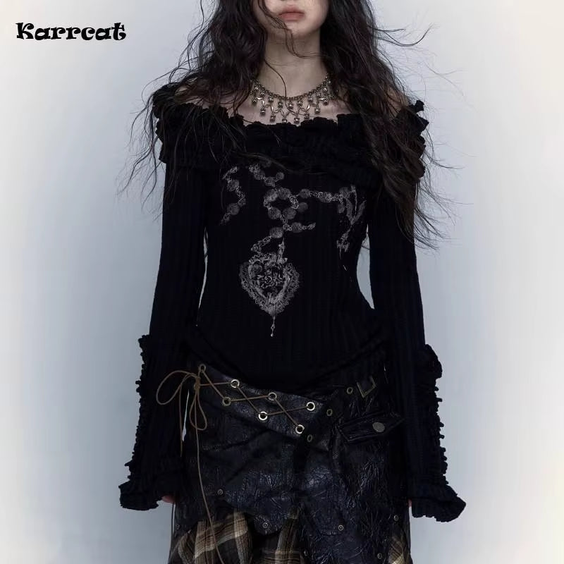 Karrcat Vintage Off-Shoulder Grunge Knitted Tee - Gothic Tattoo Print Wasteland Punk Black Ribbed Top