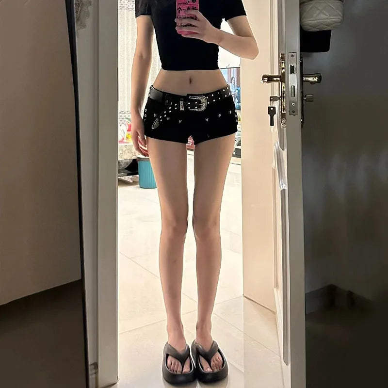 Trendy Black Low Waist Y2K Jean Shorts - Women's Punk Gothic Denim Super Shorts for a Chic Korean Fashion Look