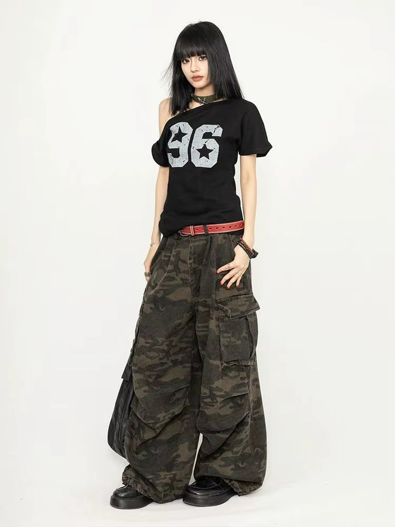 Streetwear Oversized T-Shirt Summer Vintage Print Casual Off-Shoulder Loose Short Sleeve Tee Shirts Y2K Aesthetic Women Clothing