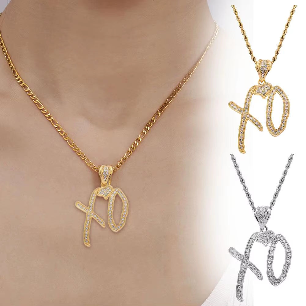 Simple Letter Pendant XO Necklace Cubic Zirconia Letter Pendant for Men and Women Hip Hop Street Rock Rap Party Jewelry