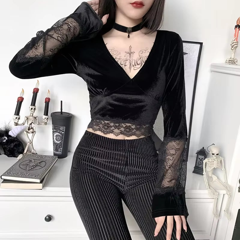 Mall Gothic Y2K Sexy Lace T Shirts Women Long Sleeve Black Vintage Spring Crop Top Velvet Streetwear Grunge Basic Tops