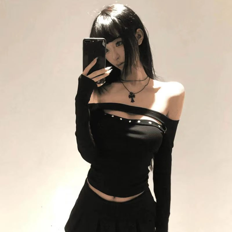 Rivet Hollow Out Women'S T-Shirt Long Sleeve Black 2000S Clothes Y2K Slim Autumn Tops off Shoulder Tees Female Clothing