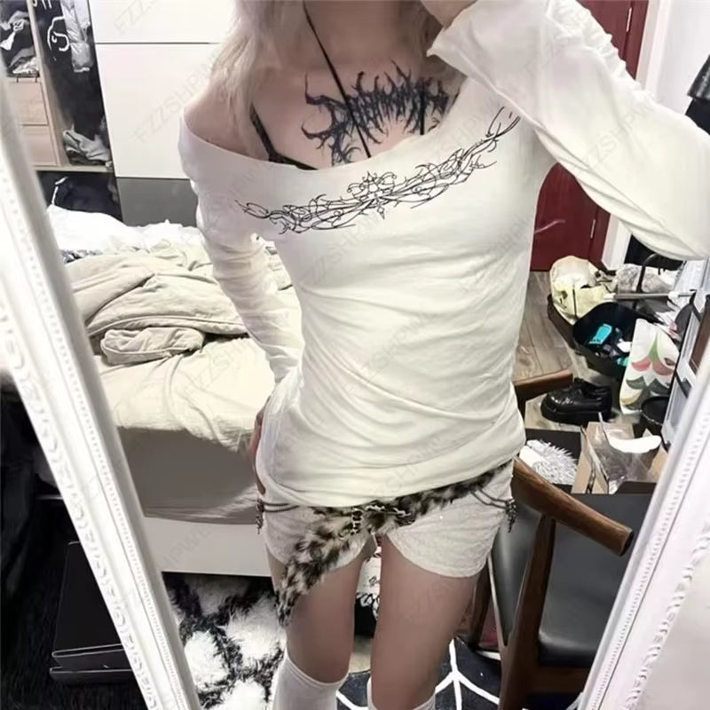 Goth Aesthetic Geometric Print Women'S Long Sleeve T-Shirt Sexy Slim Chic Casual Crop Tee Punk Rock Hip Hop Emo Girls Streetwear