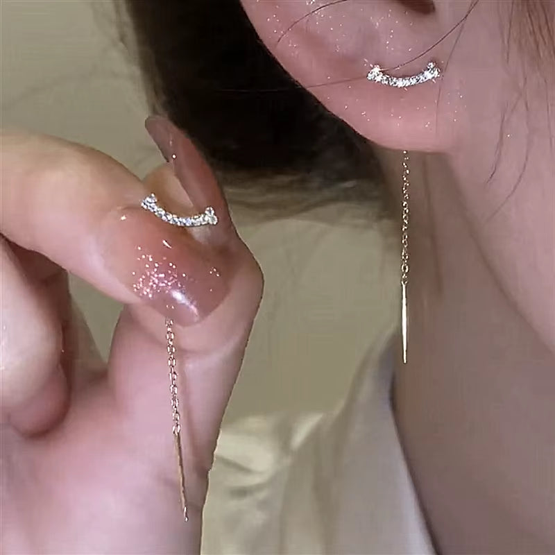 2024 Trendy Long Wire Tassel Thread Chain Climb Star Heart Beads Pendants Drop Earrings Women'S Rhinestone Accessories Jewelry