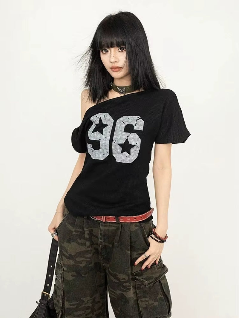 Streetwear Oversized T-Shirt Summer Vintage Print Casual Off-Shoulder Loose Short Sleeve Tee Shirts Y2K Aesthetic Women Clothing