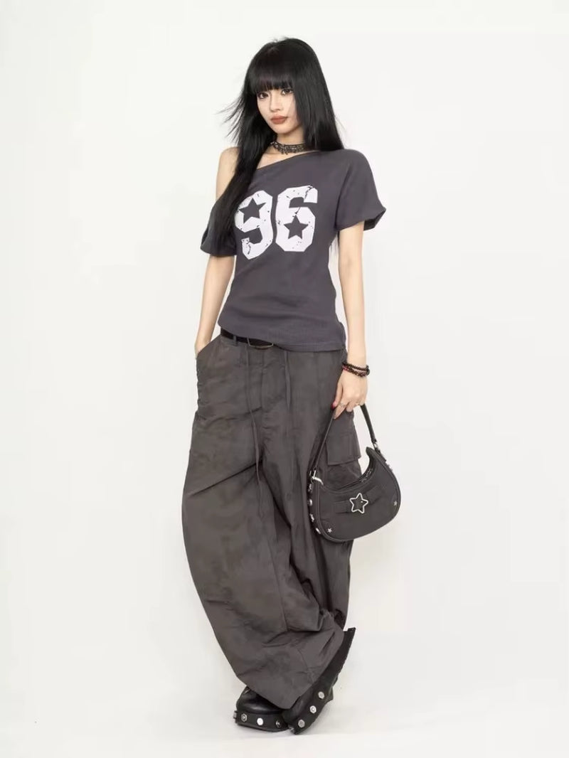 Streetwear Oversized T-Shirt Summer Vintage Print Casual Off-Shoulder Loose Short Sleeve Tee Shirts Y2K Aesthetic Women Clothing