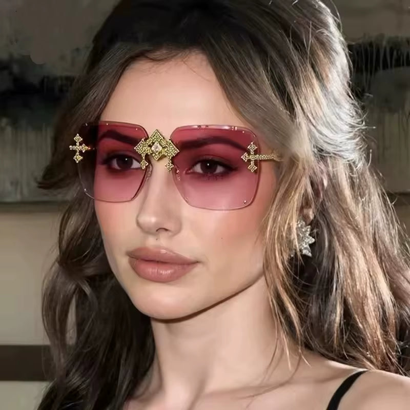 Vintage Rimless Square Cutting Lens Sunglasses Women for Men Luxury Brand Designer Popular Punk Fashion Diamond Cross Sun Glass